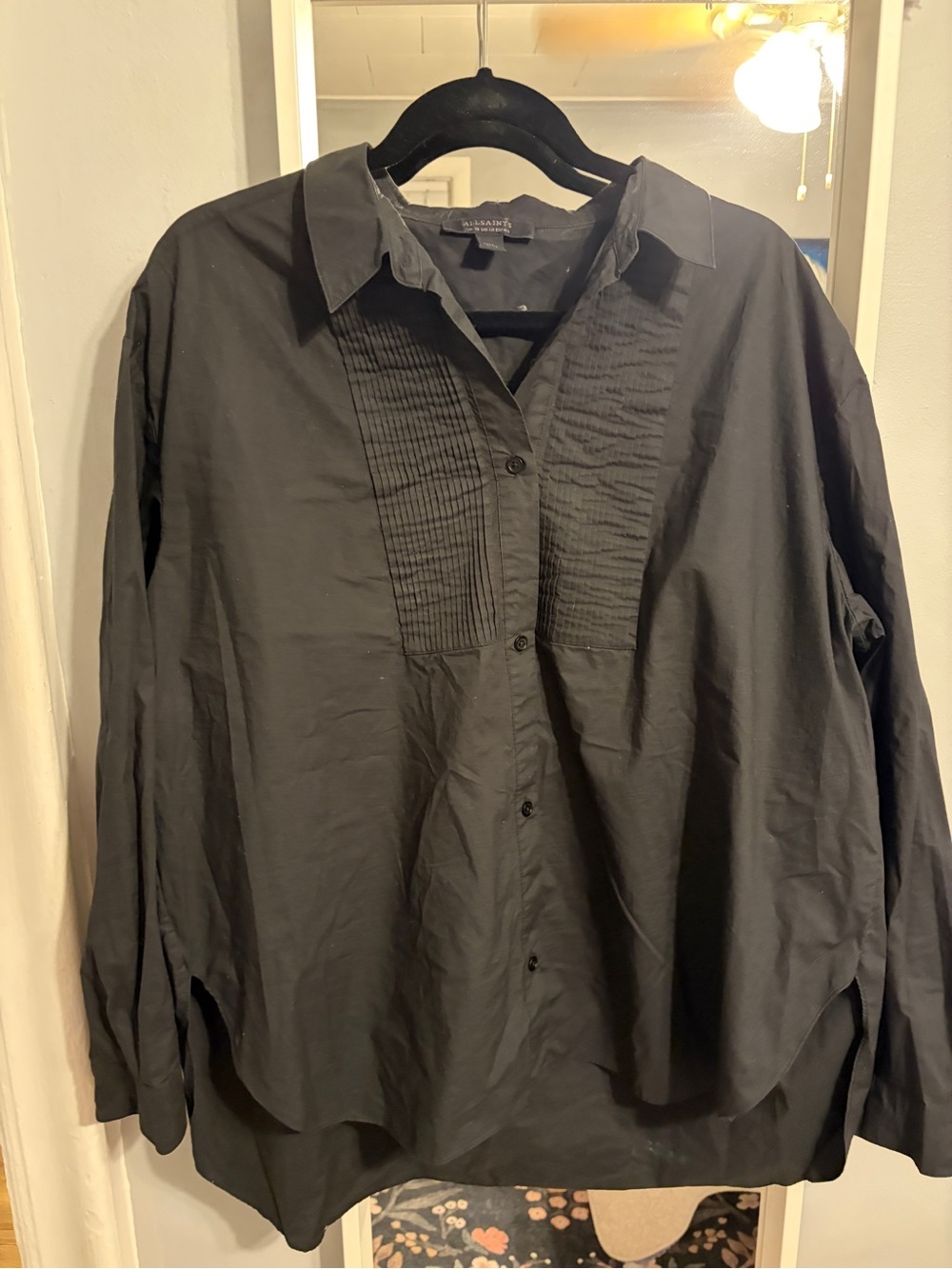 All Saints Black Button-Front Pleated Oversized Panel Shirt